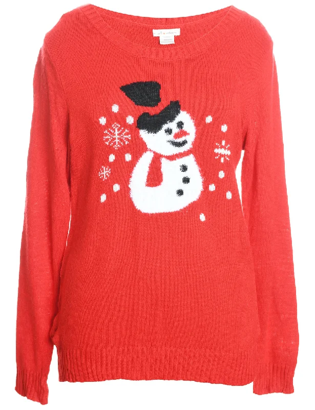 Snowman Design Red Knit Christmas Jumper - L