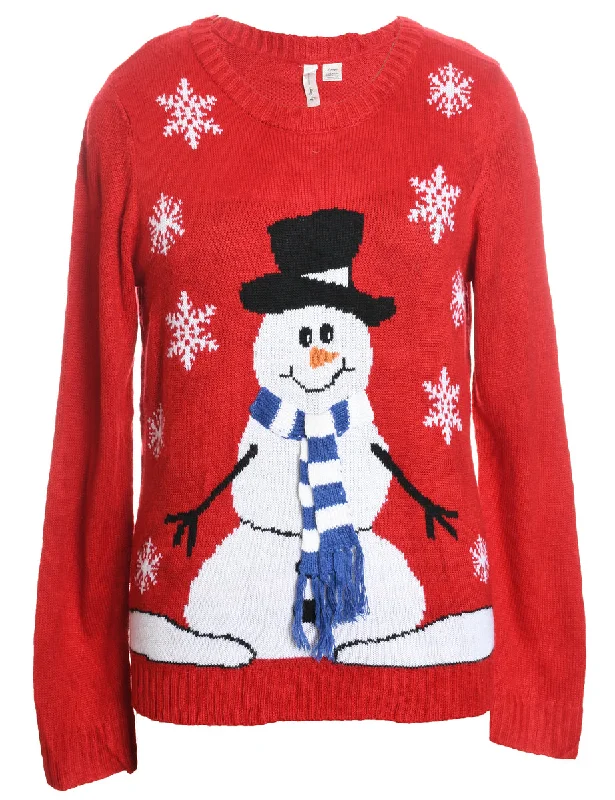 Snowman Design Red Knit Christmas Jumper - L