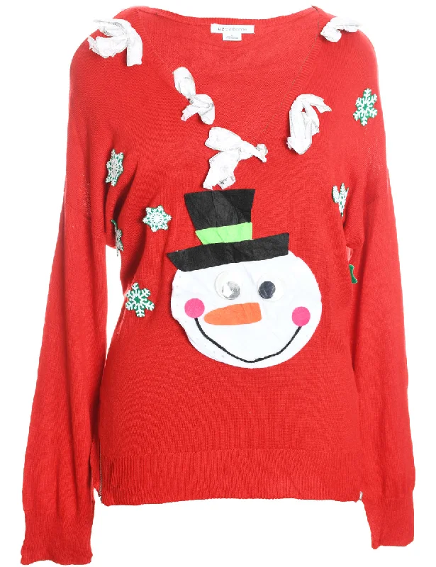 Snowman Design Red Knit Christmas Jumper - L