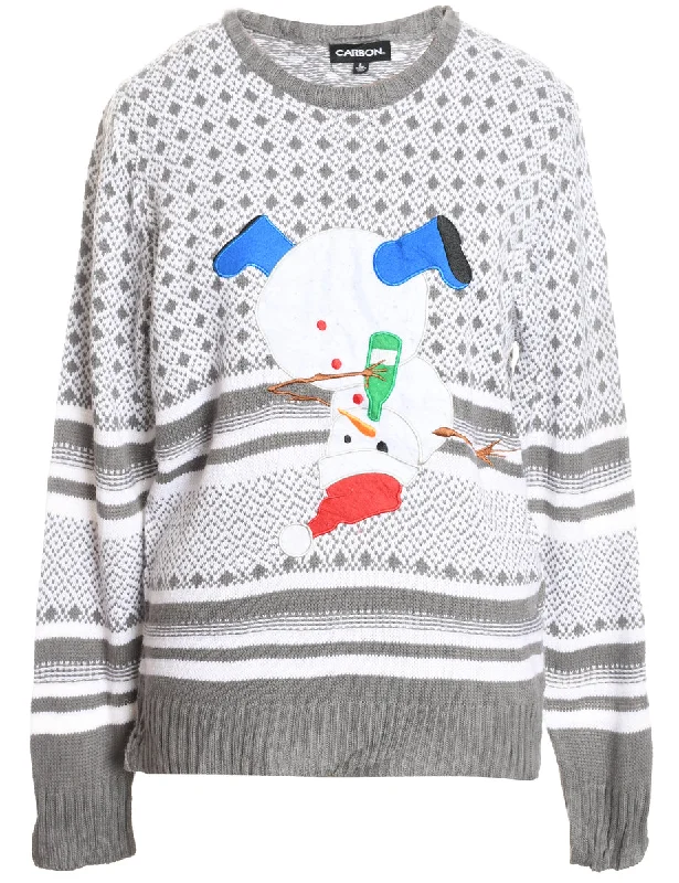 Snowman Design White & Grey Knit Christmas Jumper - L