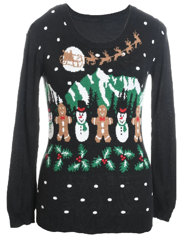 Snowman & Gingerbread Design Knit Christmas Jumper - S