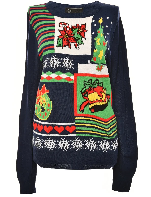 Tree Print Navy Christmas Jumper - M