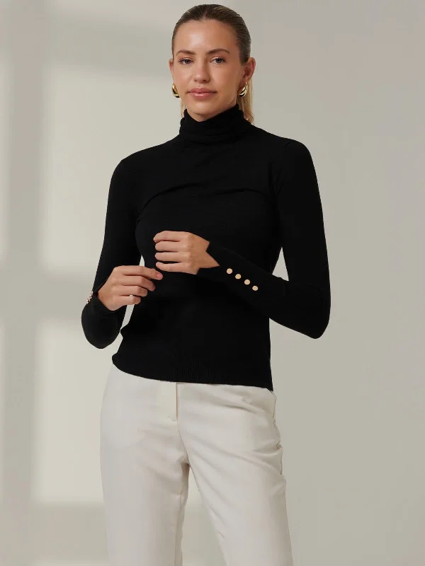 Turtleneck Fine Knit Fittted Jumper, Black