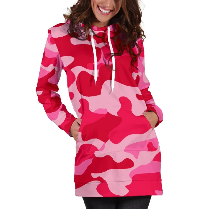 Hot Pink Camouflage Print Pullover Hoodie Dress