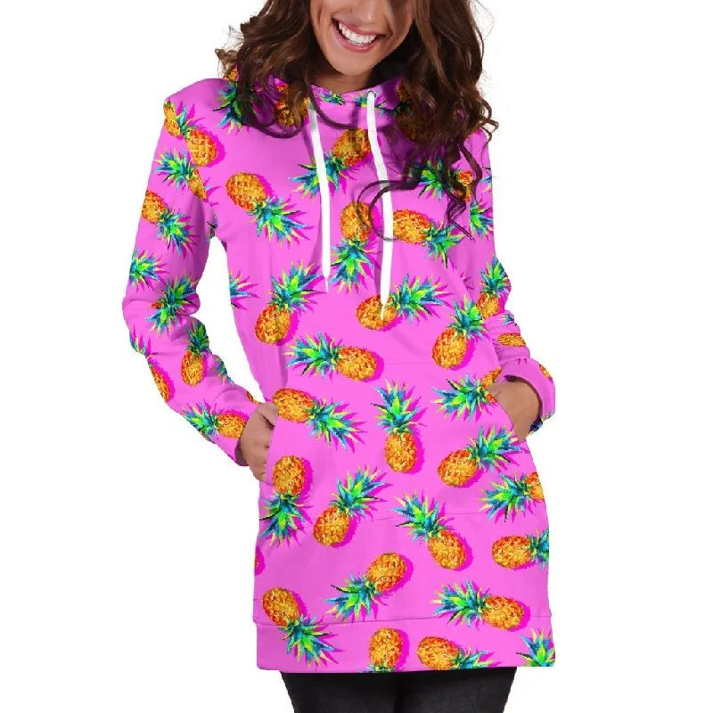 Hot Pink Pineapple Pattern Print Pullover Hoodie Dress