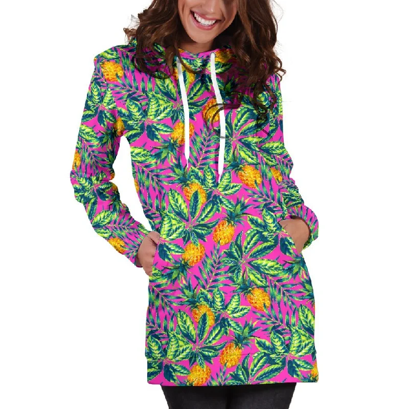 Hot Purple Pineapple Pattern Print Pullover Hoodie Dress