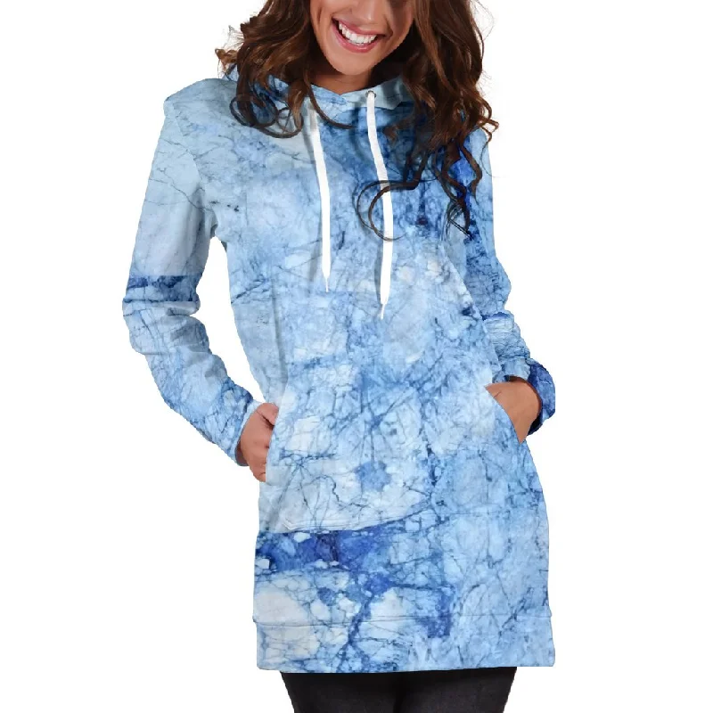 Ice Blue Marble Print Pullover Hoodie Dress