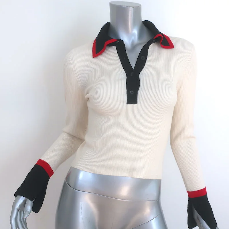 Alice + Olivia Pia Polo Sweater Ivory Wool-Blend Ribbed Knit Size Small Handmade Hand-knitted Hand-woven