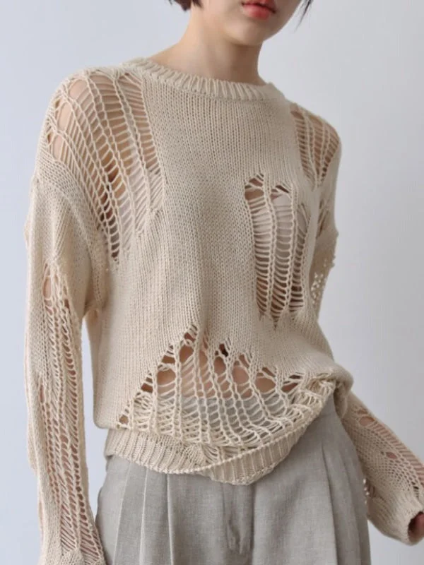 Autumn Deconstructed Ripped Long-sleeved Sexy Hole Sweater Ribbed Striped Patterned