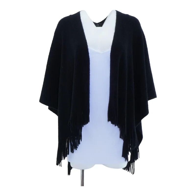 Black Solid Cape Sweater Real Fur Shearling Chenille