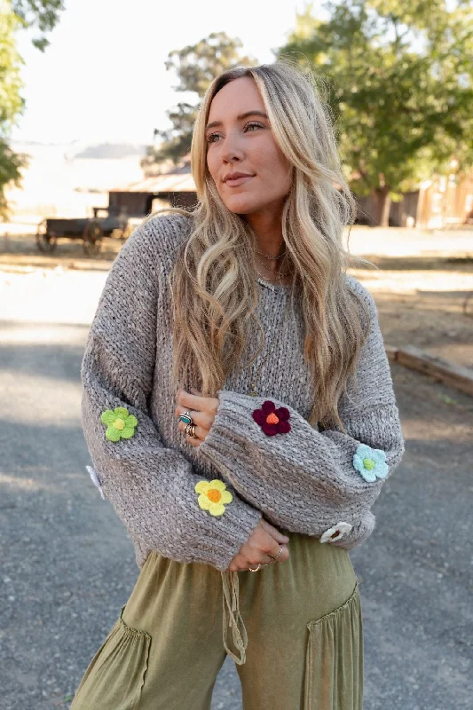 Blissful Blooms Flower Embellished Sweater - Mushroom Wool Fabric Cashmere Fabric Tweed Fabric Blissful Blooms Flower Embellished Sweater - Mushroom Wool Fabric Cashmere Fabric Tweed Fabric