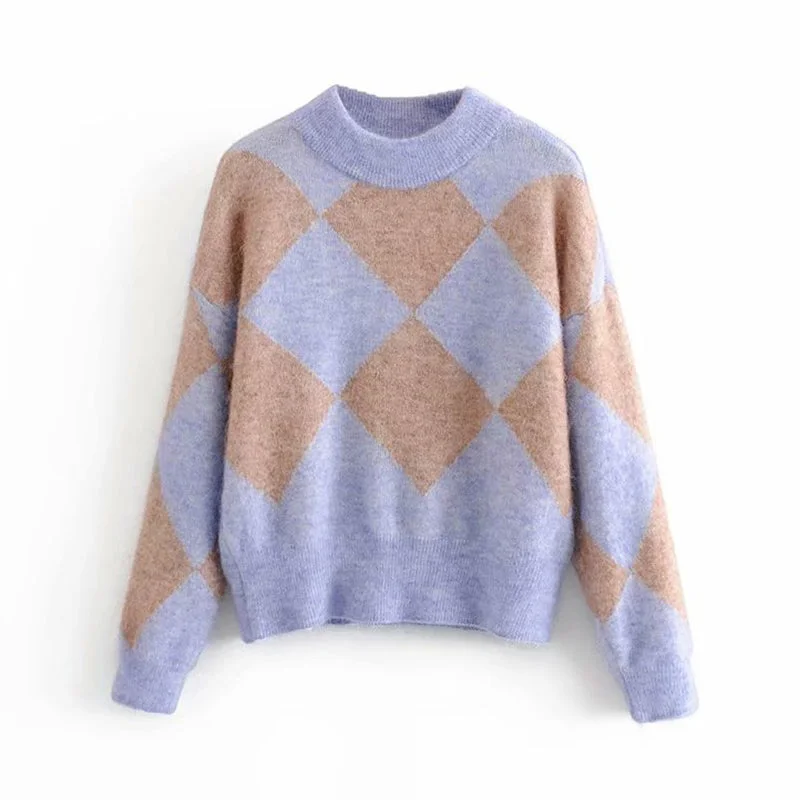 Casual Women O Neck Knitted Argyle Sweater Winter Ribbed Striped Patterned