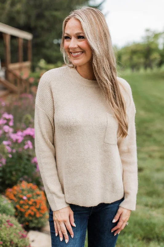 Cause A Commotion Knit Sweater- Oatmeal Front Pockets Side Pockets Patch Pockets