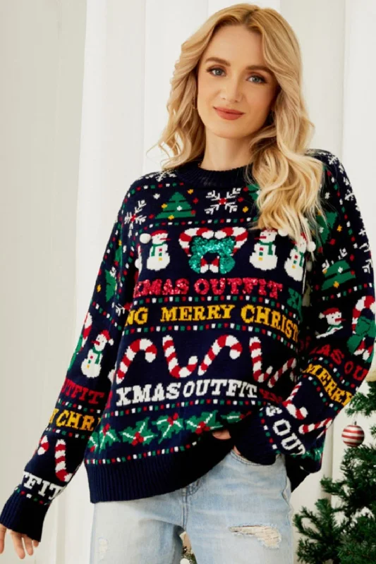 Christmas Print Crewneck Dropped Shoulder Sweater Mesh Fabric Canvas Fabric Denim Fabric