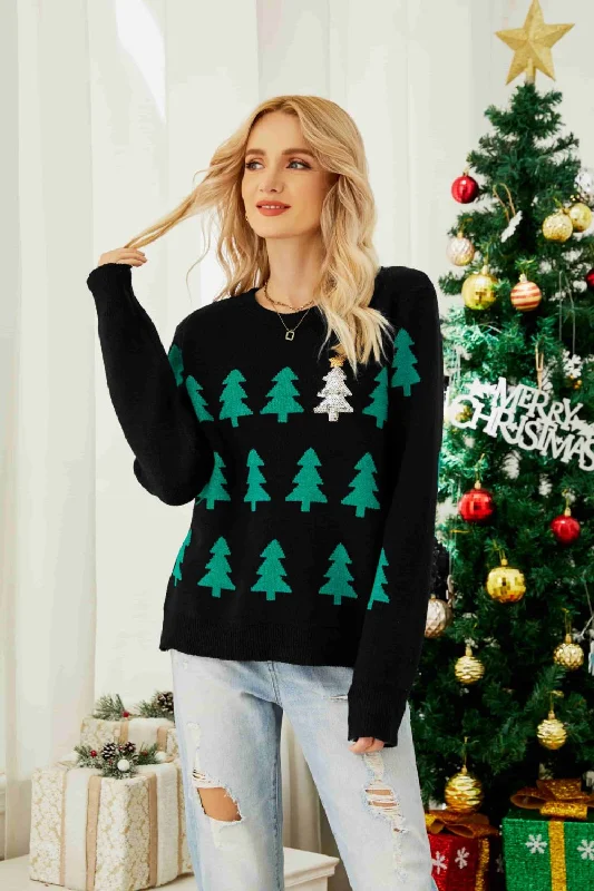 Christmas Tree Round Neck Ribbed Trim Sweater Print Jacquard Patchwork