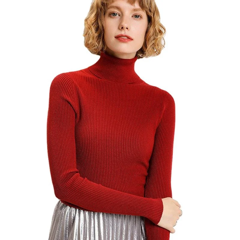 Custom winter Solid color women long sleeve turtleneck sweater Ribbed Striped Patterned