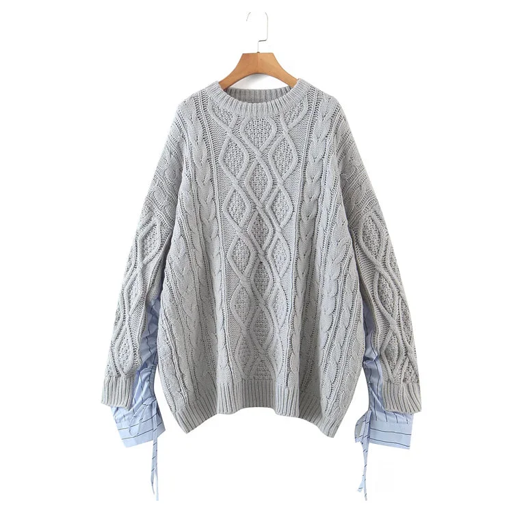 Design sense splicing sleeve round neck Pullover medium length sweater 7477 Modern Contemporary Chic Design sense splicing sleeve round neck Pullover medium length sweater 7477 Modern Contemporary Chic