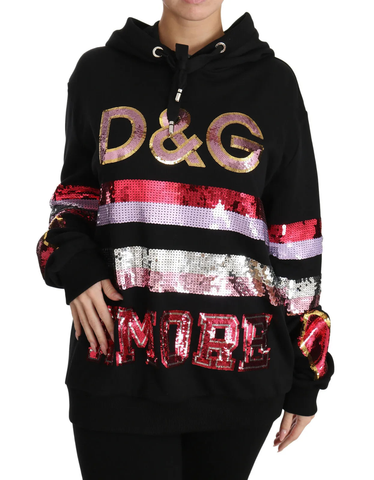Dg Sequined Hooded Pullover Sweater Denim Fabric Leather Fabric Suede Fabric