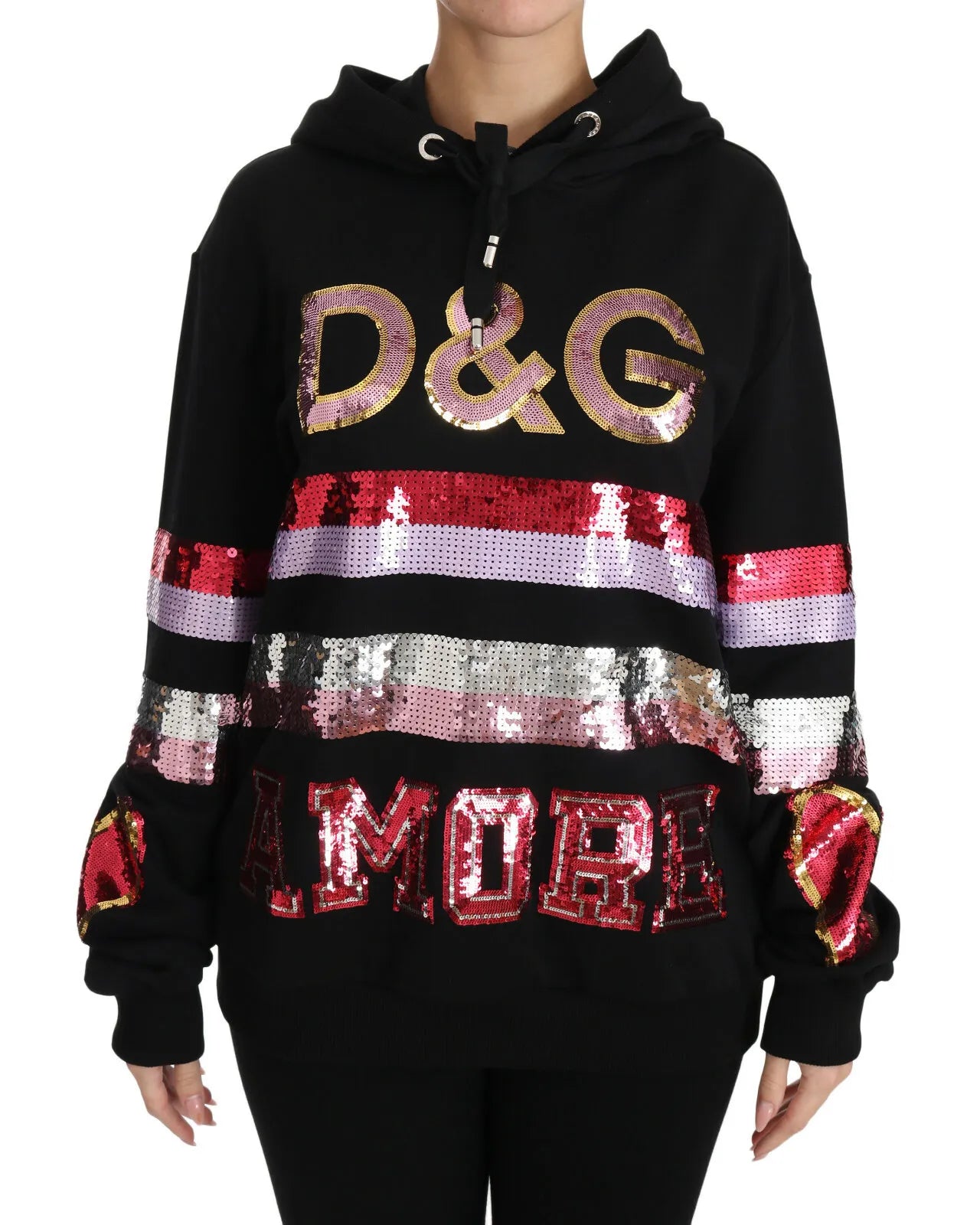 Dg Sequined Hooded Pullover Sweater Houndstooth Herringbone Solid
