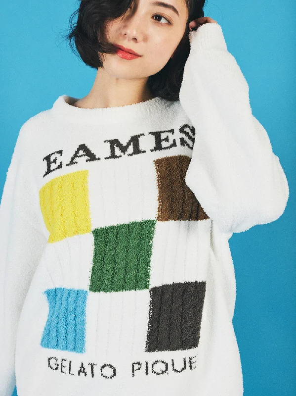 EAMES Air Moco Check-Logo Long Sleeve Pullover Sweater Print Jacquard Patchwork