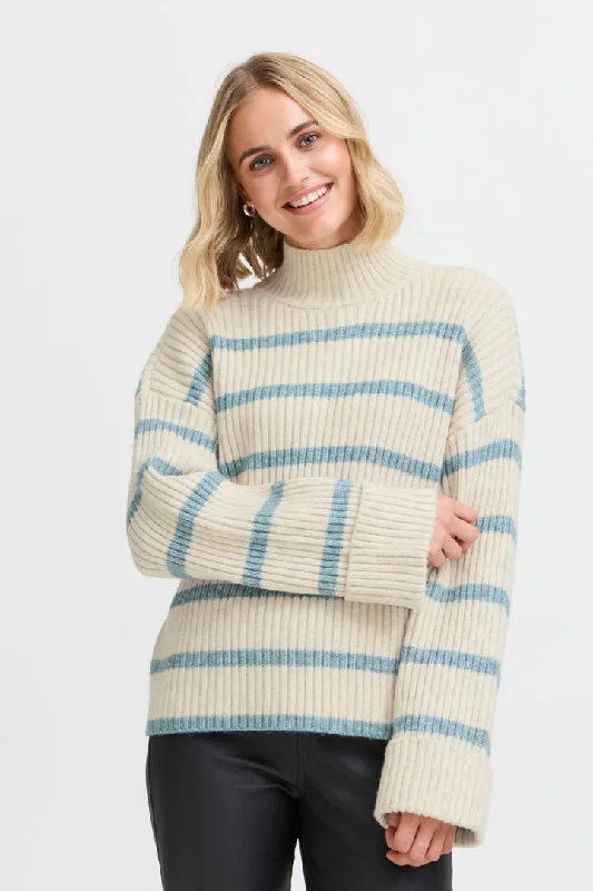 Fransa Cream stripe jumper with high neck 20612973 Stylish Fashionable Trendy
