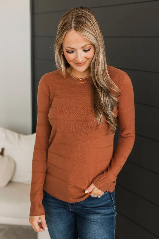 From The Heart Knit Sweater- Copper Solid Color Striped Floral Print