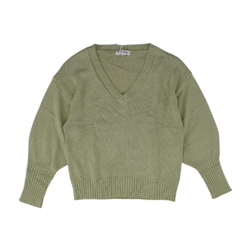 Green Solid V-Neck Sweater Denim Fabric Leather Fabric Suede Fabric