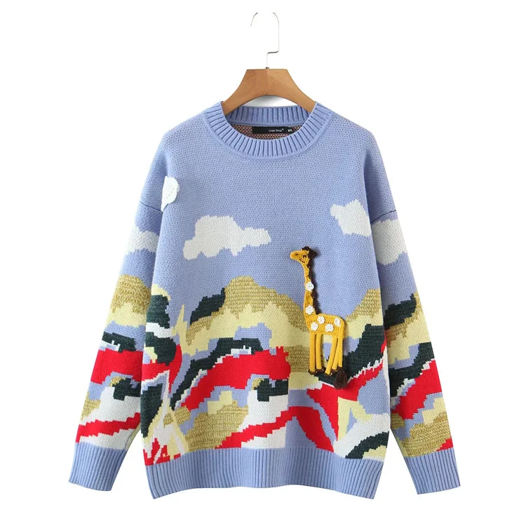 Hand Crocheted small animal jacquard round neck Pullover knitted sweater 7497 Casual Formal Business Hand Crocheted small animal jacquard round neck Pullover knitted sweater 7497 Casual Formal Business