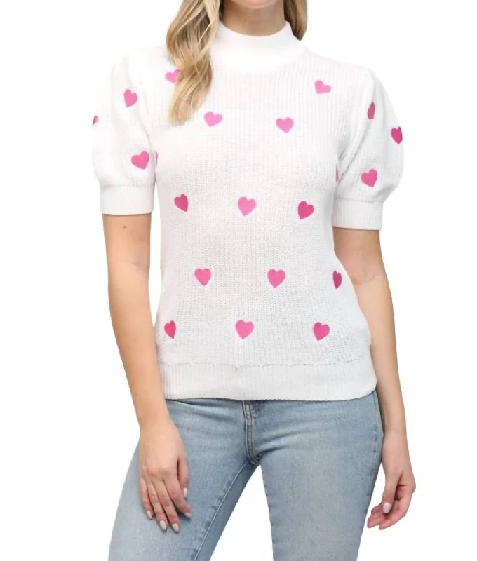 Heart Embroidered Sweater Top In White/pink Stretchy Elastic Breathable