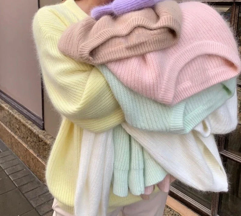 Soft Loose Knitted Cashmere Sweaters Women Loose Solid Female Pullovers Warm Basic Knitwear Jumper Transparent Opaque Sheer Soft Loose Knitted Cashmere Sweaters Women Loose Solid Female Pullovers Warm Basic Knitwear Jumper Transparent Opaque Sheer