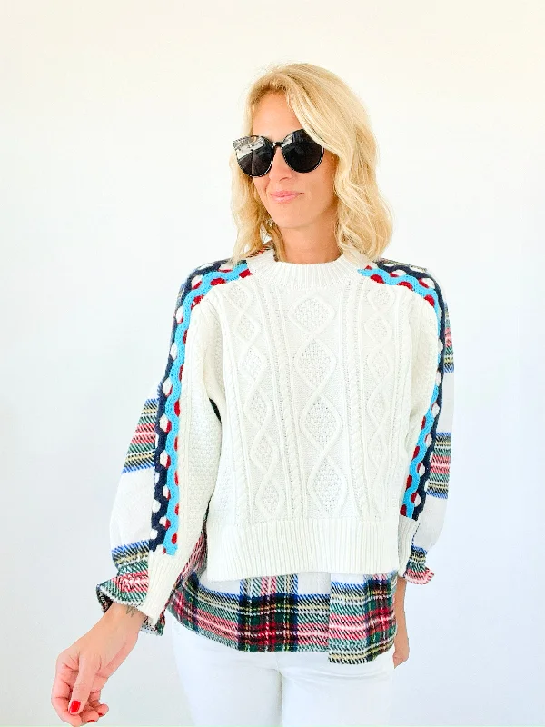 Highland Knit Patchwork Sweater - White Polka Dot Checkered Tartan