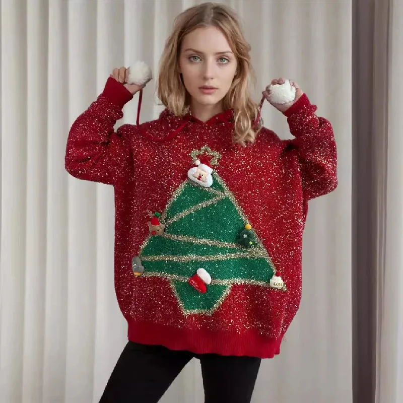 Korean Style Christmas Tree Hooded Loose Ugly Casual Knitwear Sweater Casual Formal Business Korean Style Christmas Tree Hooded Loose Ugly Casual Knitwear Sweater Casual Formal Business