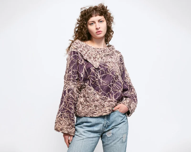 Large 90s Purple Abstract Textural Knit Sweater Spandex Rayon Corduroy