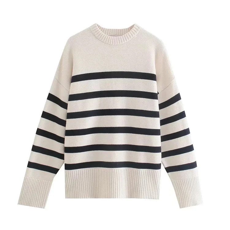 Lazy style loose and versatile casual striped sweater 7478 Boat Neck Shawl Collar Notched Collar Lazy style loose and versatile casual striped sweater 7478 Boat Neck Shawl Collar Notched Collar