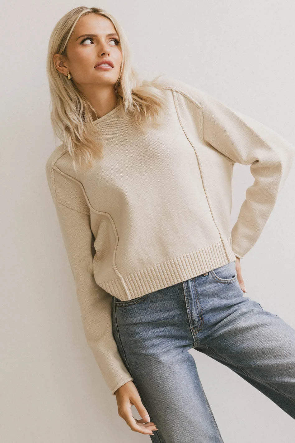 Leander Knit Sweater in Oatmeal Beaded Sweater Sequined Faux Fur