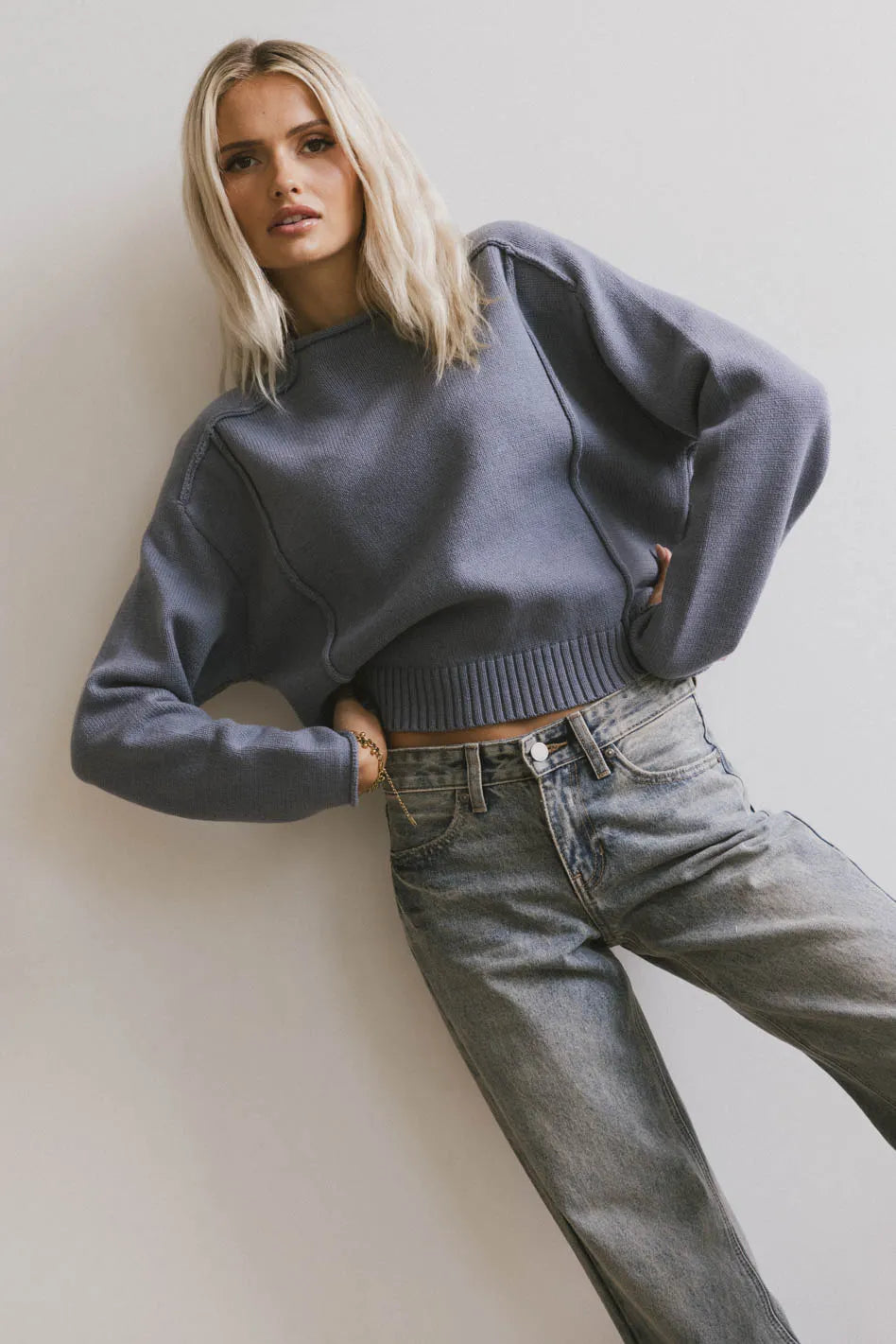 Leander Knit Sweater in Blue Striped Floral Plaid
