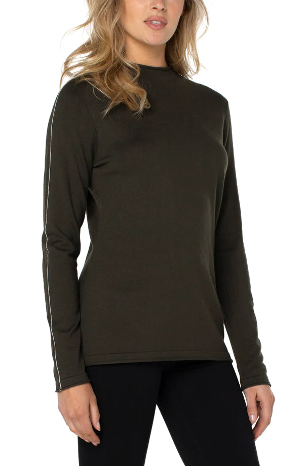Liverpool Mock Neck Rolled Hem Long Sleeve Sweater Black Velvet Chenille Corduroy