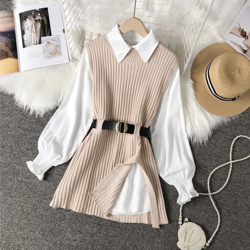 Long lantern sleeve shirt women knitted vest two piece set womens Shirts sets Sleeveless Sweater tops Chenille Brocade Lace