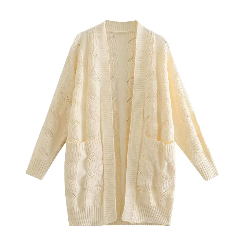 Loose lazy medium length pocket sweater coat  7496 Embroidered Appliqued Beaded