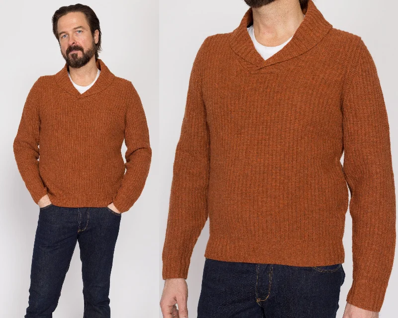 Medium 70s Orange Shawl Collar Elbow Patch Sweater Print Jacquard Patchwork