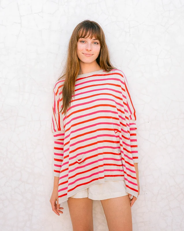 Mersea The Catalina Travel Sweater Poppy/Ecru/Bright Pink Stripes Boat Neck Shawl Collar Notched Collar Mersea The Catalina Travel Sweater Poppy/Ecru/Bright Pink Stripes Boat Neck Shawl Collar Notched Collar