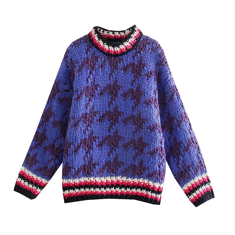 Multi panel contrast bird check jacquard sweater women's sweater 7492 Machine Wash Dry Clean Hand Wash Multi panel contrast bird check jacquard sweater women's sweater 7492 Machine Wash Dry Clean Hand Wash