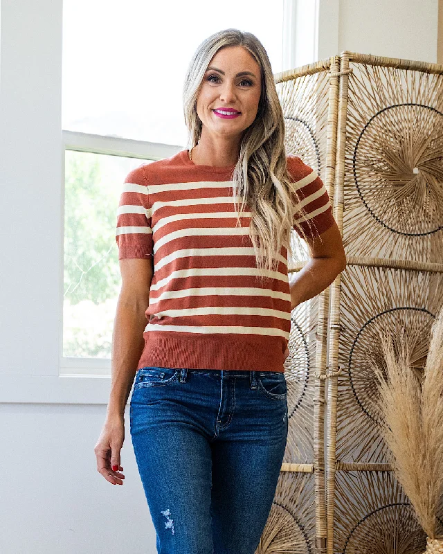 Heidi Short Sleeve Striped Sweater - Rust Plaid Sweater Polka Dot Checkered