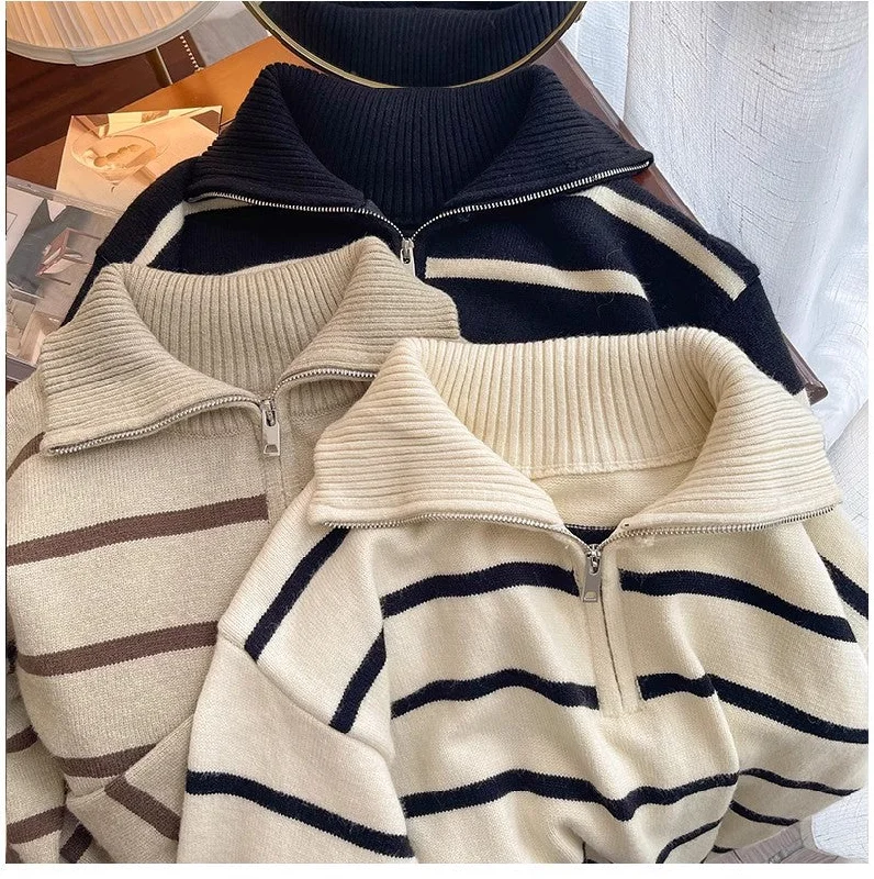 New striped sweater for women chic half zipper knitted top     S4885 Fleece Sweater Nylon Polyester