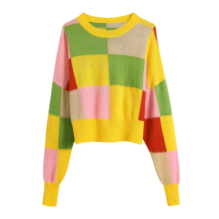 New sweet loose jacquard Plaid color matching sweater 7468 Welt Pockets Slit Pockets Flap Pockets New sweet loose jacquard Plaid color matching sweater 7468 Welt Pockets Slit Pockets Flap Pockets