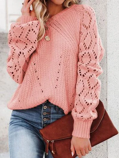 Openwork Lantern Sleeve Sweater in 3 Colors Hooded Caped Shawl Collar