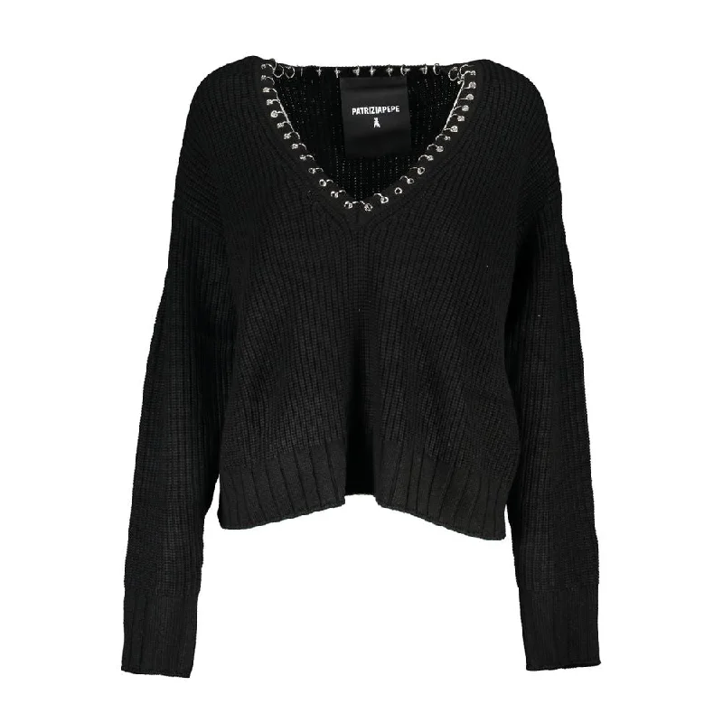 Patrizia Pepe Elegant Long Sleeved V-Neck Sweater with Chic Details Hooded Caped Shawl Collar Patrizia Pepe Elegant Long Sleeved V-Neck Sweater with Chic Details Hooded Caped Shawl Collar