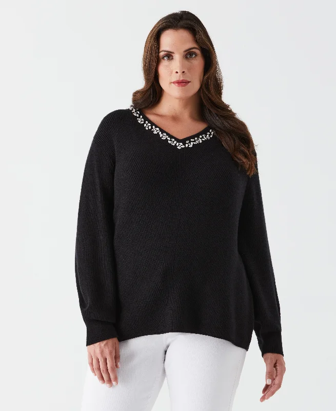 Plus Size Embellished V-Neck Sweater Ribbed Striped Patterned