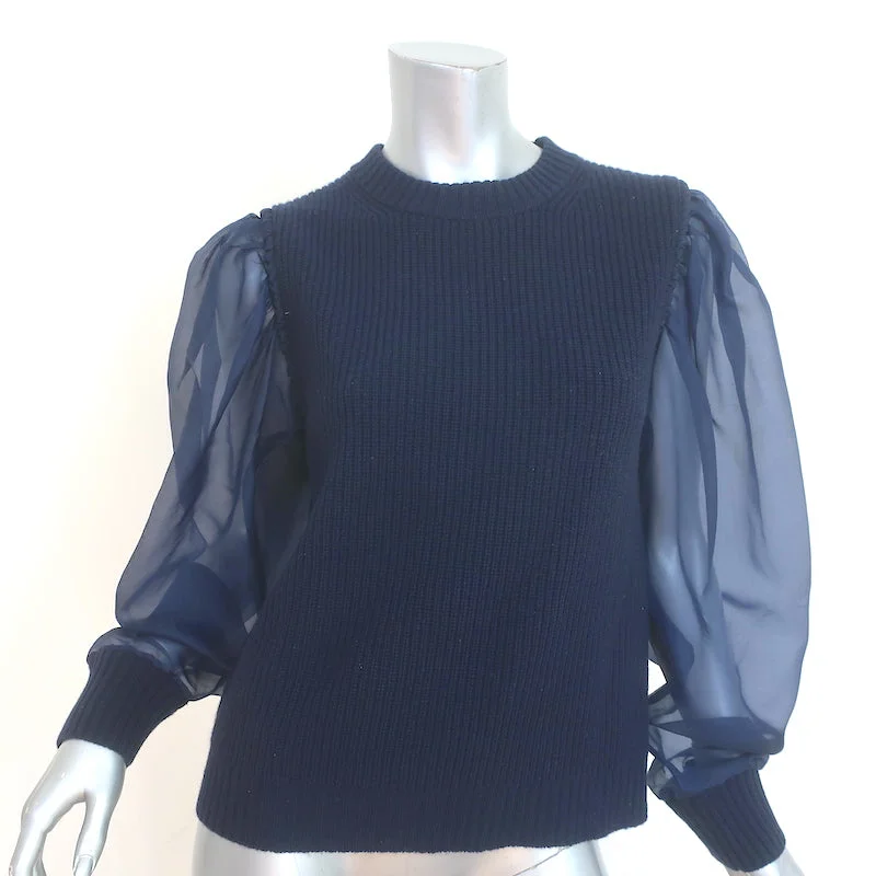 SEA James Organza Sleeve Sweater Navy Silk & Ribbed Wool Size Medium Zippered Front Buttoned Front Snap Front