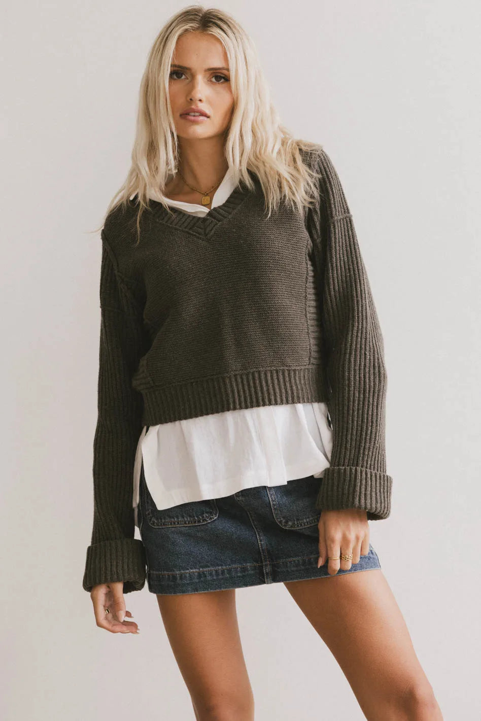 Serena Knit Sweater in Olive Lace Blend Ribbed Blend Corduroy Blend